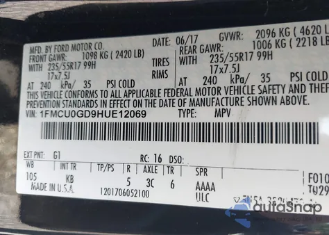 2017 Ford Escape Se из США, поврежденный, VIN 1FMCU0GD9HUE12069